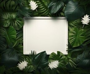 Wall Mural - Creative layout made of tropical leaves with white card. Copy space