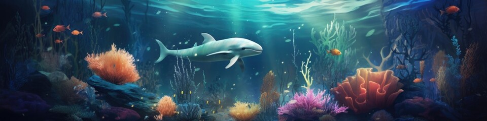 Wall Mural - A painting of a dolphin swimming in the ocean