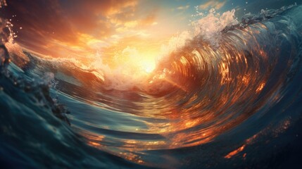 Canvas Print - A large wave in the ocean at sunset