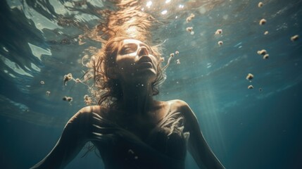 Sticker - A woman swimming under water with her hair blowing in the wind