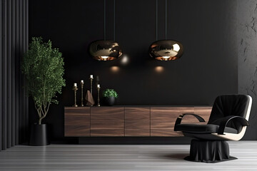 Wall Mural - Modern living room interior in dark colors. Design with armchair and gold decoration. Generative AI