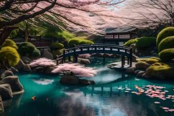 Canvas Print - A tranquil Zen Garden with cherry blossom trees, a small bridge, and koi fish swimming in a pond - AI Generative