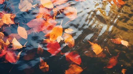 Wall Mural - Autumn rain season concept. Leaves floating on water, rain droplets circles in puddle. Rainy day with autumn leaves in puddles