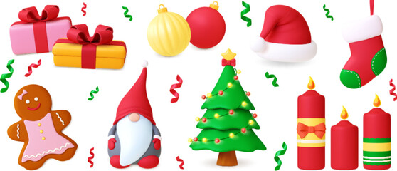 Poster - Isolated 3d christmas set. Gifts, xmas tree and toys. Dwarf and santa hat, cookie and candles. Winter holiday rendered decorative pithy vector elements