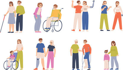 Poster - Disabilities and friends or family. Adults and children with special needs. Cartoon diverse teenagers and young adults. Friendship snugly vector scenes