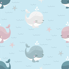 Wall Mural - Cartoon whales seamless pattern. Cute whale swim in waves, underwater characters fabric print design. Marine animals nowaday vector background