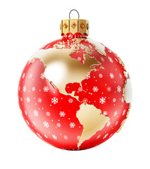 Christmas bauble with earth map isolated on transparent background. 3D rendering