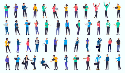 Poster - Businesspeople and office people collection - Set of vector illustrations with various diverse character in casual professional clothes standing, using computers working and talking. Flat design