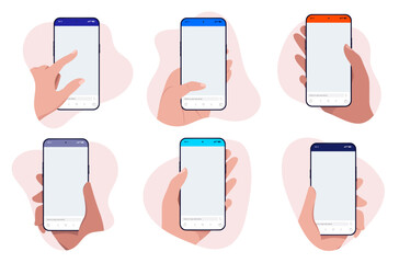 Poster - Mobile phone in hands mockup vector collection - Set of illustrations with hand using smartphones with blank screen in abstract blob shape frame. Flat design template on white background