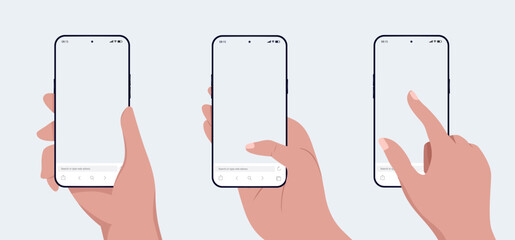 Poster - Phone and hands mockup collection - Set of vector illustration with hand holding smartphone and using touch screen. Flat design vector illustration with light grey background