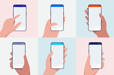 Aufkleber - Mobile phone in hand collection - Set of vector illustrations with various diverse hands holding and using smartphones with blank empty browser on screen. Flat design on pastel coloured backgrounds