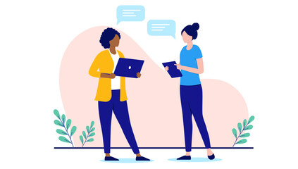 Poster - Two women having conversation - Businesswomen standing and talking together at work with computers and speech bubbles. Flat design vector illustration with white background