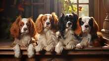 A Heartwarming Family Portrait Of Four Cavalier King Charles Spaniels Of Various Coat Colors, Sharing An Affectionate Moment Together On A Sun-drenched Porch.