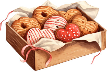 Wall Mural - bakery boxes filled with heart-shaped baked goods vintage illustration isolated on a transparent background, generative ai