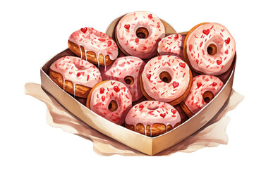 Wall Mural - bakery box filled with heart-shaped donuts vintage illustration isolated on a transparent background, generative ai