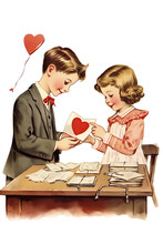 Children Exchanging Valentines Day Cards Vintage Illustration Isolated On A Transparent Background, Generative Ai