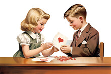 Children Exchanging Valentines Day Cards Vintage Illustration Isolated On A Transparent Background, Generative Ai