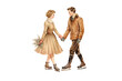 © Perfect PNG - couple ice skating while holding hands vintage illustration isolated on a transparent background, generative ai