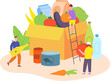 © ssstocker - Shelter food donation. Volunteer teamwork collects meal in box storage for hunger people, grocery aid volunteering charity assistance service person foods share vector illustration