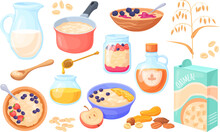 Oatmeal Ingredients. Oat Porridge Box Crunchy Flakes For Healthy Breakfast Eating, Scoop Of Dry Oats Ripeness Wheat, Granola Cereal Grains With Milk Fruit, Neat Vector Illustration