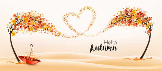 Poster - Autumn natural background with trees and flying colorful leaves gathered in the form of a heart. Vector.