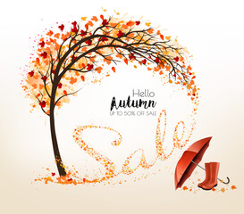 Poster - Autumn natural background with tree and falling colourful leaves gathered in the shape of the word sale. Autumn sale. Vector.