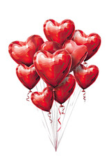 Wall Mural - red foil heart balloons tied together vintage illustration isolated on a transparent background, generative ai