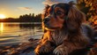 A regal Ruby Cavalier King Charles Spaniel standing proudly against a backdrop of a tranquil lakeside sunset.