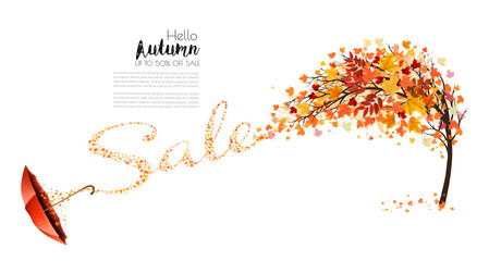Poster - Autumn natural background with tree and falling colourful leaves gathered in the shape of the word sale. Autumn sale. Vector.