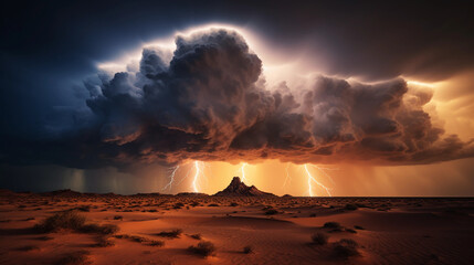 Canvas Print - desert thunderstorm, lightning striking the sand, dramatic clouds rolling in, capturing the rare mom