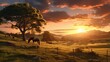 A serene pasture with miniature horses grazing under the golden sunset.