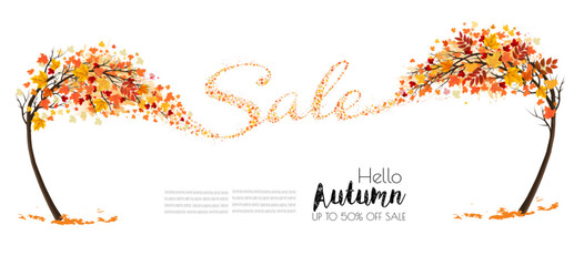 Poster - Autumn natural background with trees and falling colourful leaves gathered in the shape of the word sale. Autumn sale. Vector.
