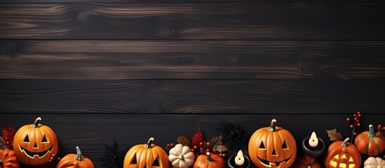 Canvas Print - Aerial view of Halloween decorations on a white wooden table with pumpkins and candy with copyspace for text