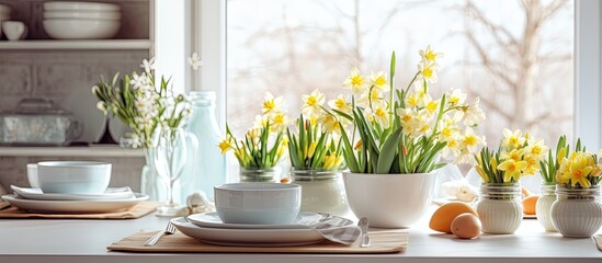 Sticker - April kitchen with a sunny Easter table featuring spring flowers with copyspace for text