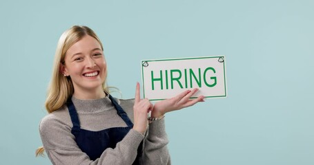 Sticker - Hiring sign, woman and face, advertising job and opportunity for work with cafe owner isolated on blue background. Small business, recruitment and offer with board, search for employees in studio