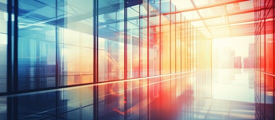 Wall Mural - city building with sunlight abstract texture blue glass facade and retro colorful filter effect with