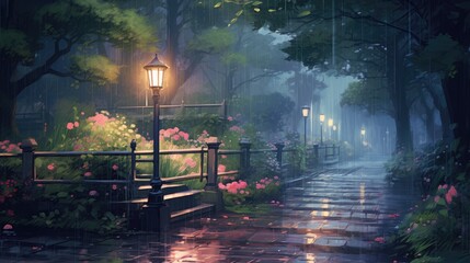 Anime-style illustration of a beautiful park with lush foliage in the rain