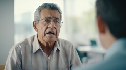 An elderly Latino man, whose tan skin is lined with age and worry, struggles to communicate his symptoms to a doctor because of a language barrier, highlighting the necessity of languageaccessible