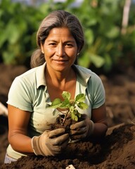 A middleaged Latina, her hands bear the evidence of years of gardening in her community. Her disarming smile draws attention away from her deeply worried eyes fears about