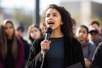 A young Latina with a fervor for justice stands speaking to a group of people. She is rallying for healthcare equity, her expressive eyes and empathetic gestures compelling participation