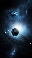 vertical video black hole planet with galaxy panorama, abstract cosmic space background, artistic 3d