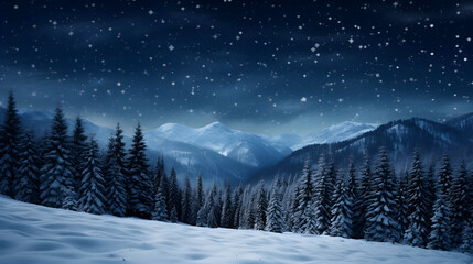 Wall Mural - Winter snowy illustrated landscape with a big Christmas trees. New Year's night. Festive atmosphere on the mountain.