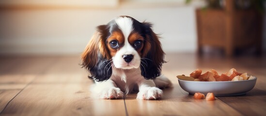 Poster - Adorable pet a Beagle puppy eats at home with copyspace for text