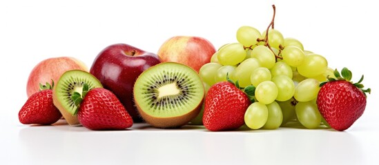 Poster - Assorted fruits arranged on a white background perfect for a healthy mix