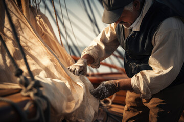 Sticker - A close-up of a person's hand adjusting the sails on a classic sailing yacht, highlighting maritime advancements. Generative Ai.