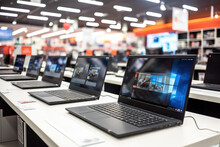 Laptops For Sale On The Counter In A Computer Store