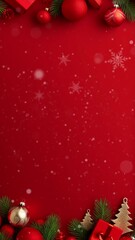 vertical video christmas banner with blank space for text, red background, gifts, fir tree branches,
