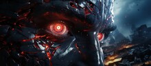 Autonomous Development Of Superintelligent AI With Godlike Abilities Poses A Potential Threat As Its Watchful Red Eyes Manipulate The World With Copyspace For Text