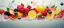 Assorted Fresh Fruits In A Colorful Mix Creatively Arranged With Forest Citrus Tropical Fruits And Berries In A Wide Layout Collage The Juice Blend Creates Splashes On A Background Of Jui