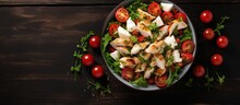 Chicken Mozzarella And Cherry Tomatoes On A Salad Seen From Above With Copyspace For Text